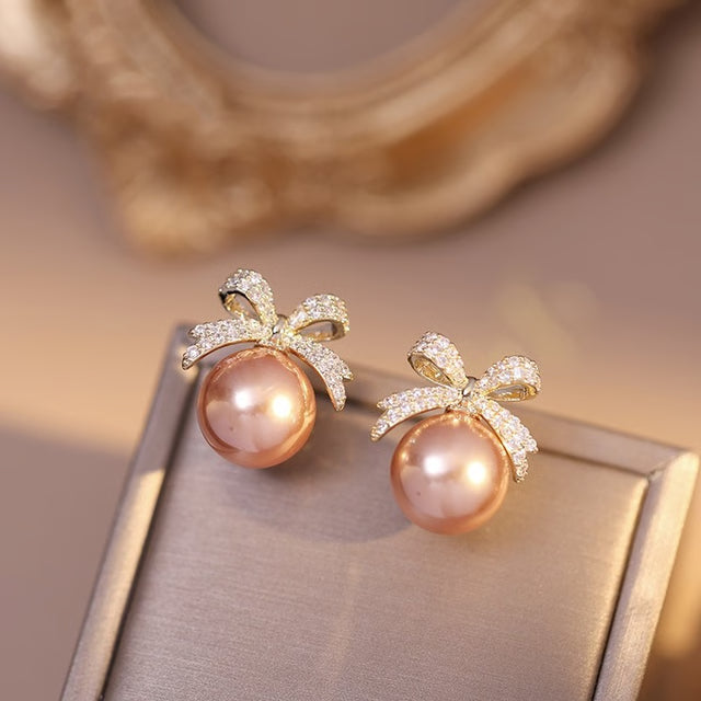 Rhinestone Bow Pearl Stud Earrings – Elegant Fashion Jewelry for Women