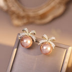 Rhinestone Bow Pearl Stud Earrings – Elegant Fashion Jewelry for Women