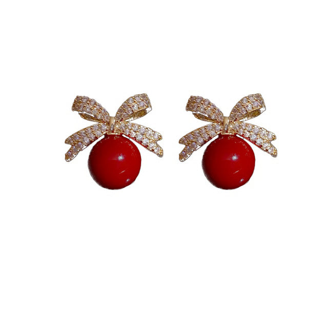 Rhinestone Bow Pearl Stud Earrings – Elegant Fashion Jewelry for Women
