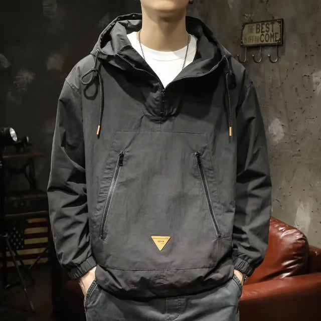 Men's Hooded Half-Zip Workwear Jacket – Loose Fit Spring & Autumn Coat