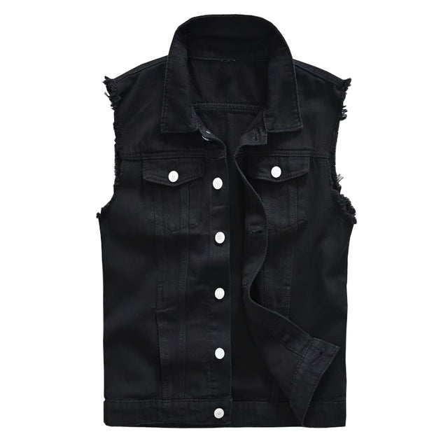 Mens Black Jean Vest, Slim Fit Denim Waistcoat, Fringe Sleeveless Tank Top