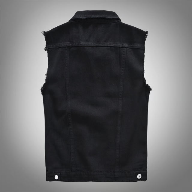 Mens Black Jean Vest, Slim Fit Denim Waistcoat, Fringe Sleeveless Tank Top