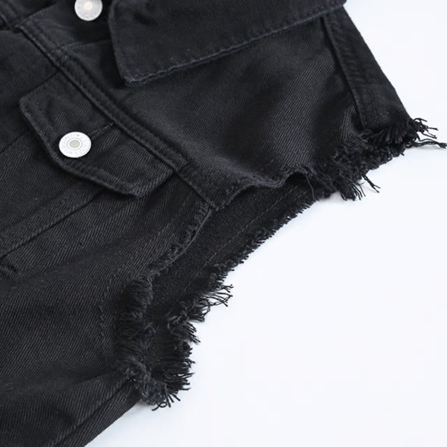 Mens Black Jean Vest, Slim Fit Denim Waistcoat, Fringe Sleeveless Tank Top