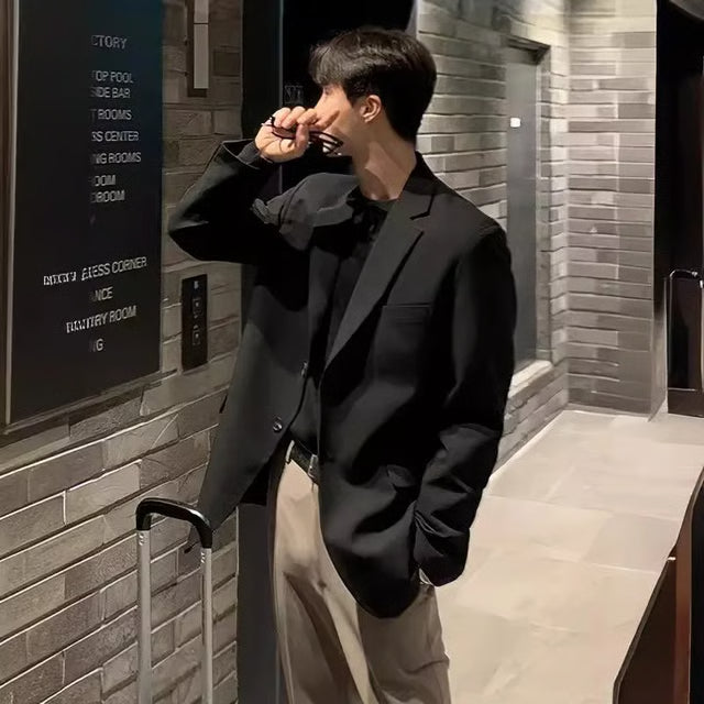 Men's Loose Fit Black Casual Blazer – Single-Breasted Autumn Jacket