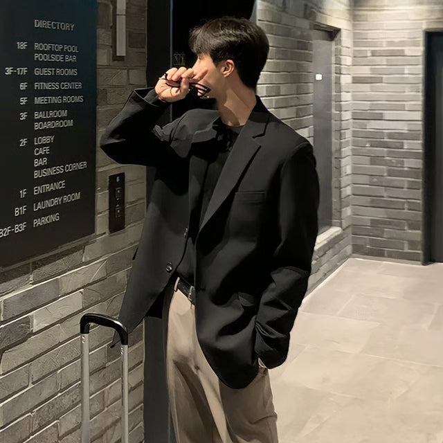 Men's Loose Fit Black Casual Blazer – Single-Breasted Autumn Jacket