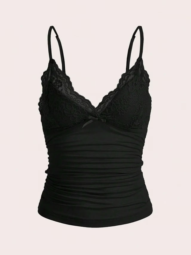 Contrast Lace Bow Front Crop Cami Top – Women’s Summer Grunge Y2K Style