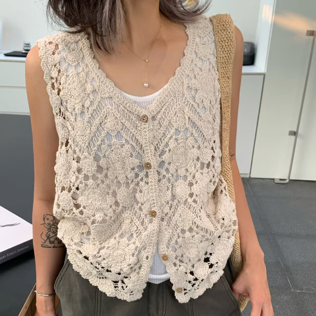 Boho Floral Embroidered Crochet Vest