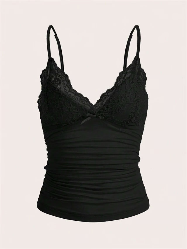 Contrast Lace Bow Front Crop Cami Top – Women’s Summer Grunge Y2K Style