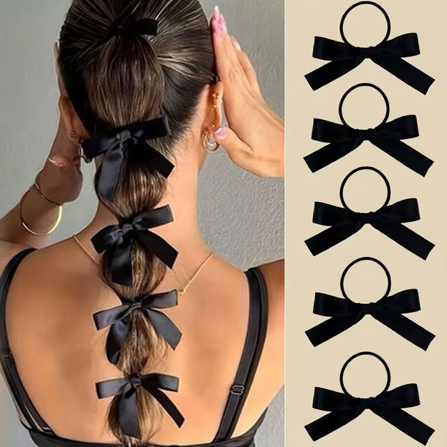 Black Bow Hair Tie Set – 5-Piece Hair Accessories for Women