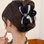 Plush Camellia Flower Bow Hair Clip – Elegant Autumn & Winter Hair Accessory