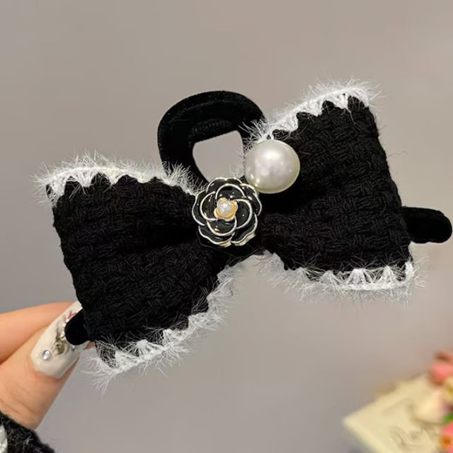 Plush Camellia Flower Bow Hair Clip – Elegant Autumn & Winter Hair Accessory