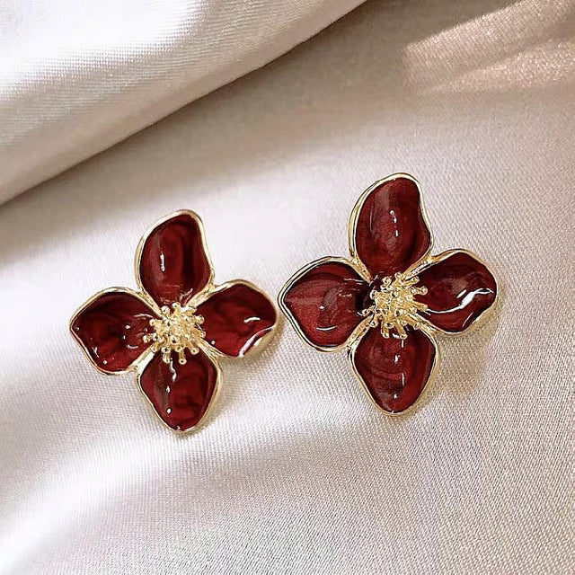 Red Flower Glaze Earrings – Elegant Floral Jewelry for Women