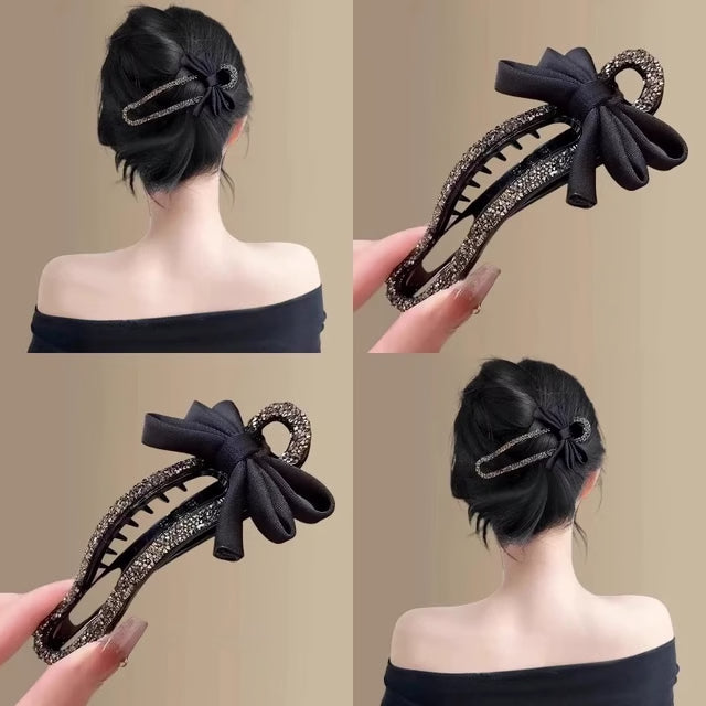 Rhinestone Black Bow Duckbill Hair Clip – Elegant Hair Accessory